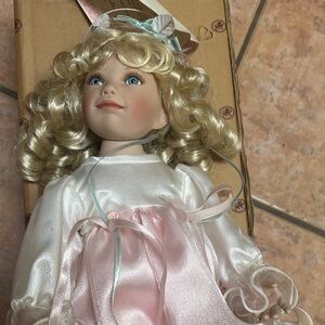 Charming Blonde Doll with Pink and White Dress